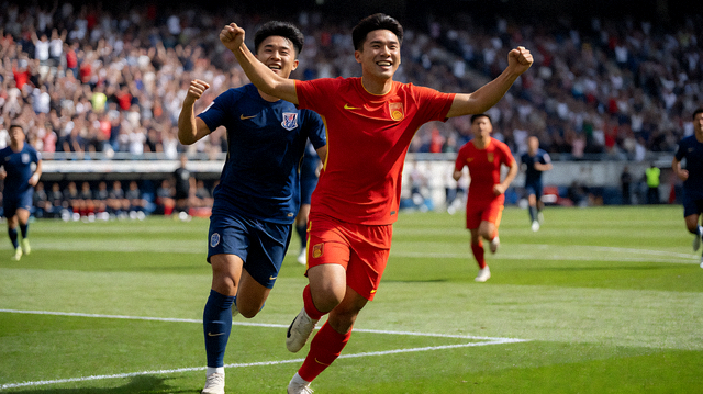 足球比赛中球员进球后与队友在球场上庆祝的画面